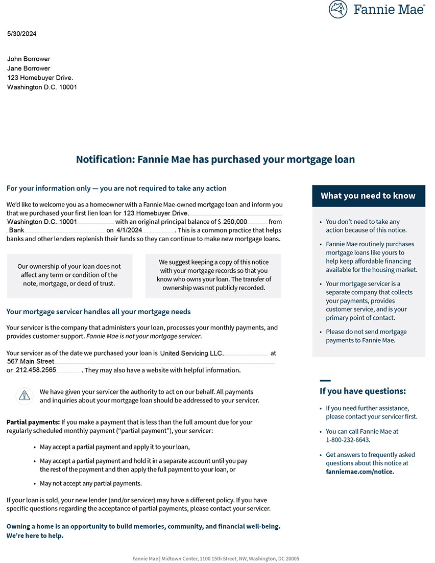 Sample Fannie Mae Loan Purchase Letter